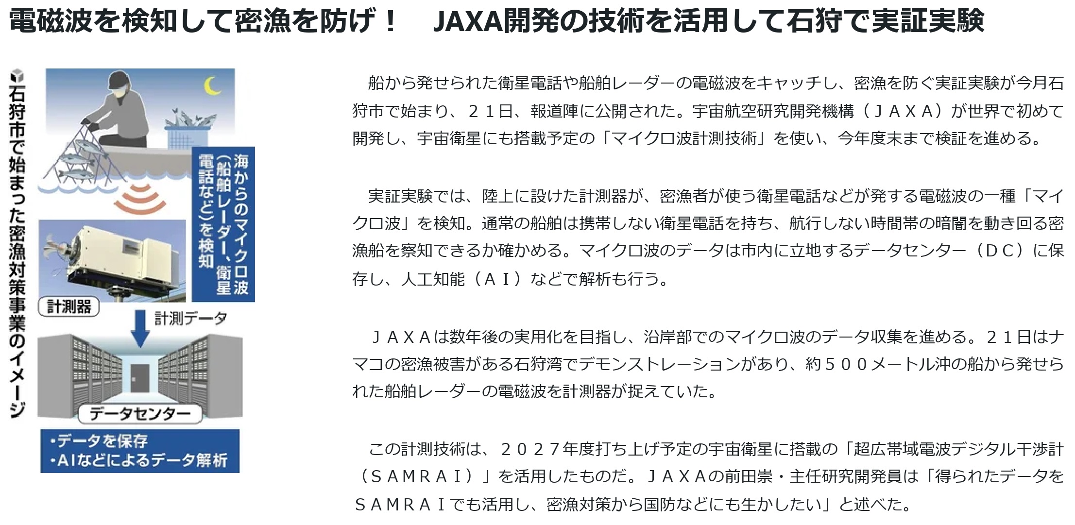 電磁波を検知して密漁を防げ! JAXA開発の技術を活用して石狩で実証実験
